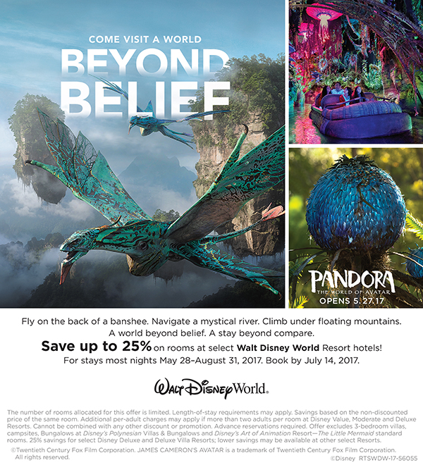 Save up to 25% on rooms at select Walt Disney World Resort hotels! (For stays most nights May 28-August 31, 207. Book by July 14, 2017)